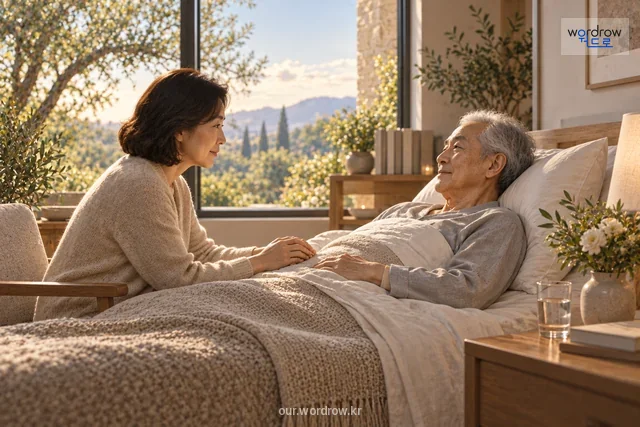 노인이 동반자와 침대 곁에서 평온하게 시간을 보내는 모습.