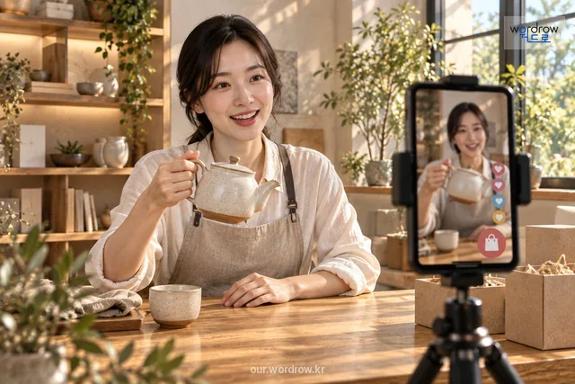 상품을 보여 주는 판매자와 쇼핑 방송 화면으로 실시간 판매 표현