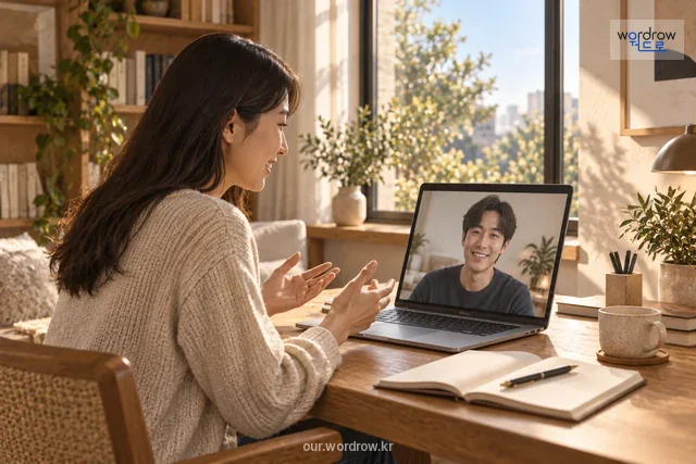 노트북 화면 속 상대와 영상으로 대화하는 여성.