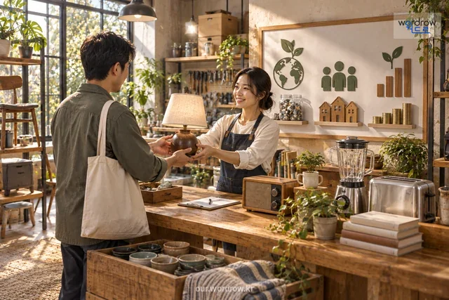 수리·재사용 상품 판매와 환경·사회·수익 표식으로 가치 병행 사업을 설명.