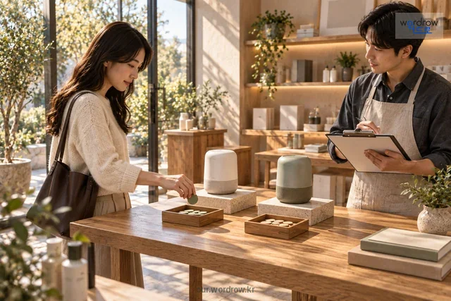 고객이 상품 후보를 고르고 상점 담당자가 의견을 기록하는 모습.