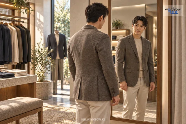 거울 앞에서 재킷이 몸에 맞는지 확인하는 고객.