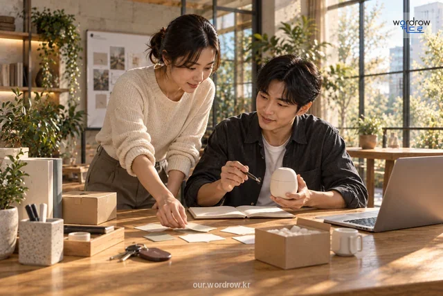 공동 창업 공간에서 조언을 나누고 시제품을 만드는 모습.