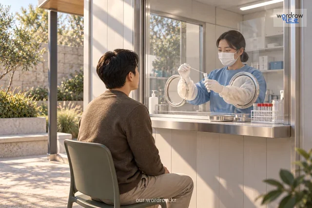 의료진이 투명 가림벽의 보호 장갑 구멍을 통해 검체를 채취하는 모습.