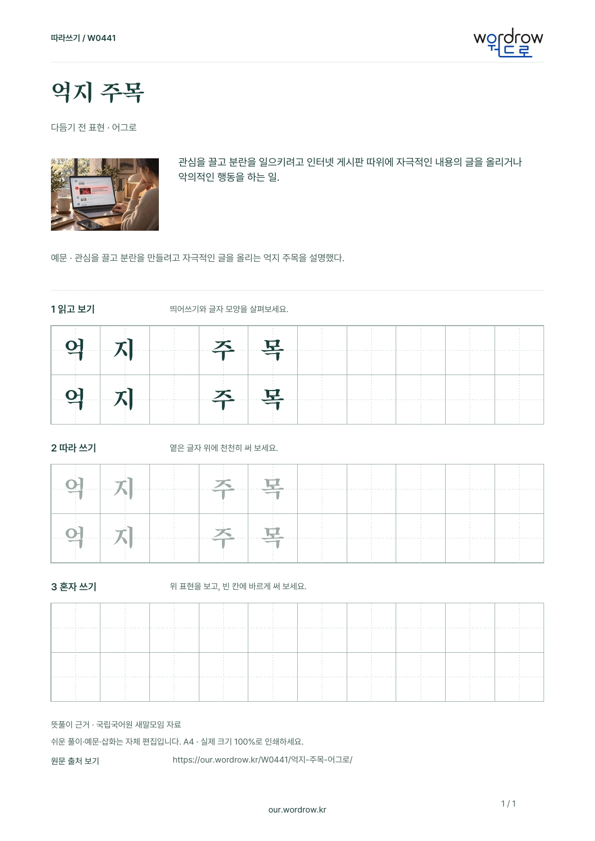 억지 주목 · 어그로 학습지 1쪽 미리보기