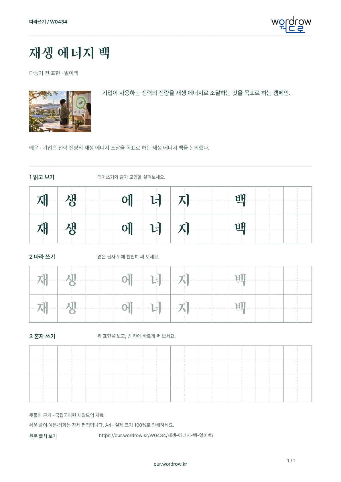 재생 에너지 백 · 알이백 학습지 1쪽 미리보기
