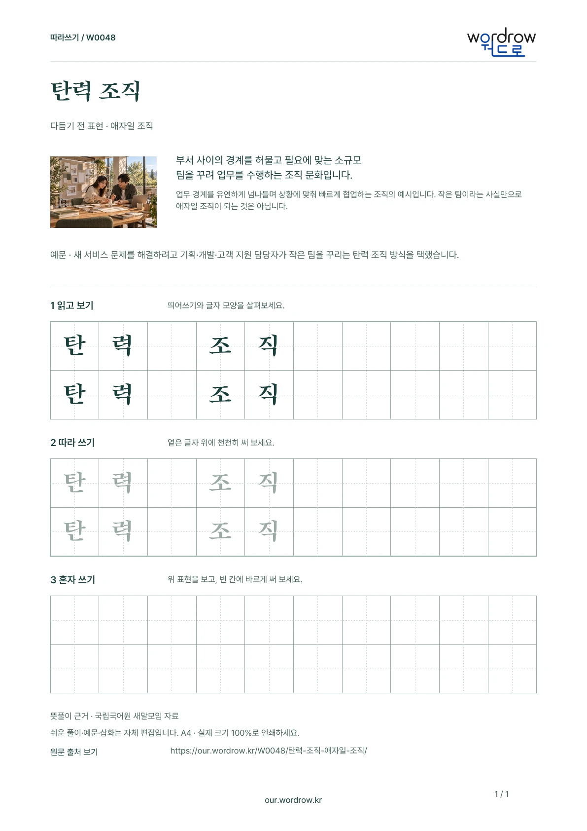 탄력 조직 · 애자일 조직 학습지 1쪽 미리보기