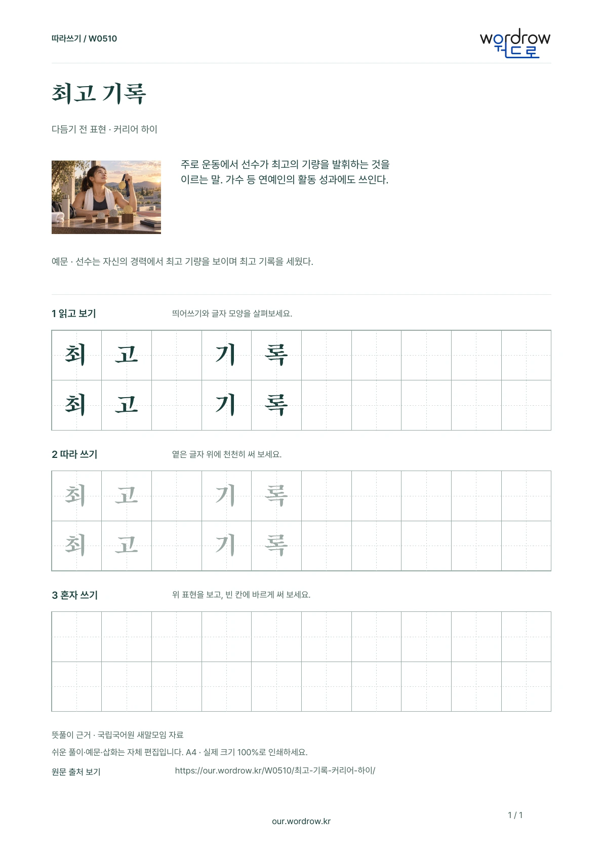 최고 기록 · 커리어 하이 학습지 1쪽 미리보기