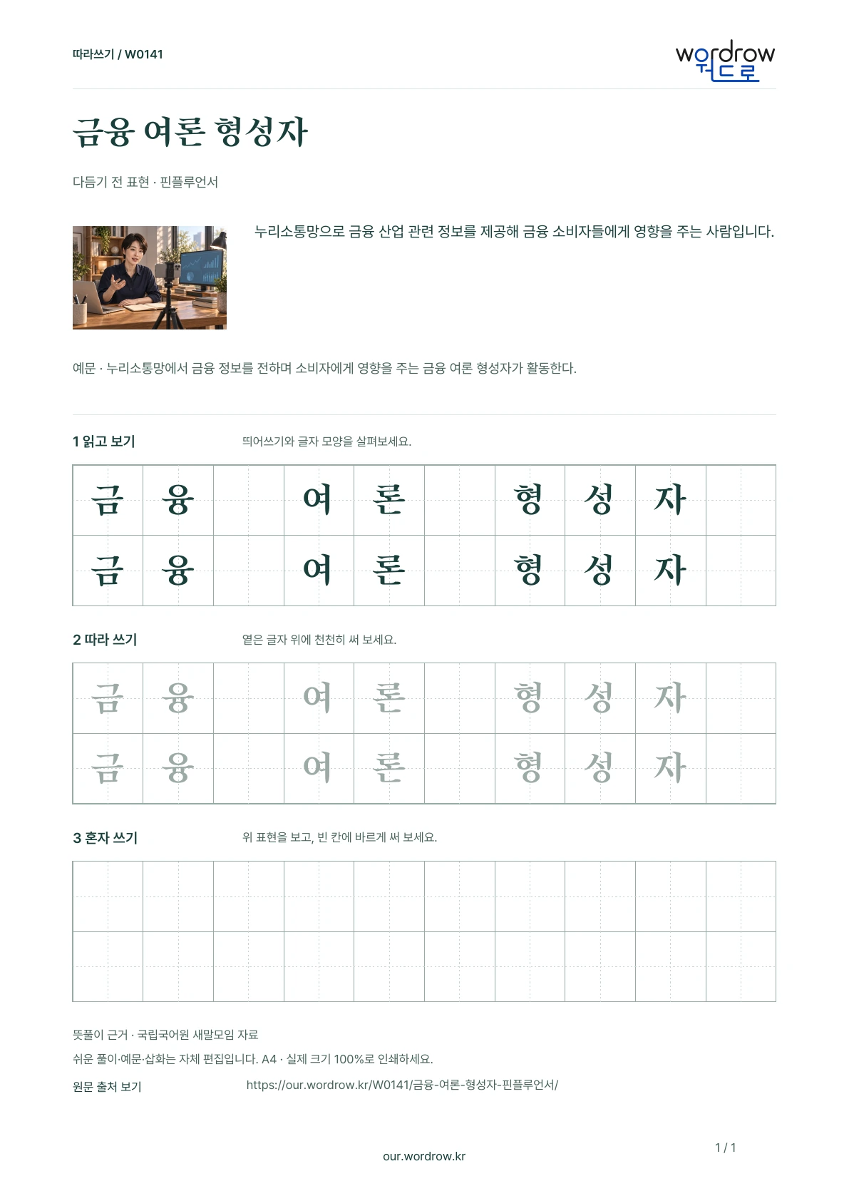 금융 여론 형성자 · 핀플루언서 학습지 1쪽 미리보기