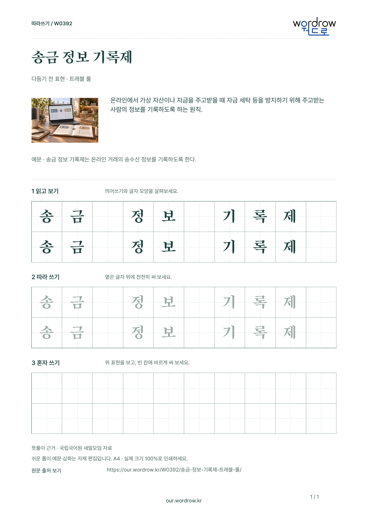 송금 정보 기록제 · 트래블 룰 학습지 1쪽 미리보기
